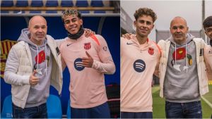 Iniesta, el maestro con los discípulos en la Ciutat Esportiva del Barça